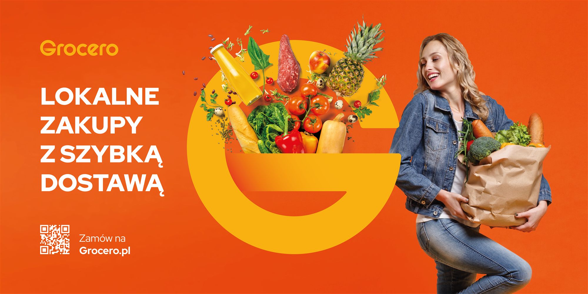 Wielkoformatowy baner Grocero — hasło „Lokalne zakupy z szybką dostawą”, sygnet marki wypełniony produktami i klientka z torbą zakupów