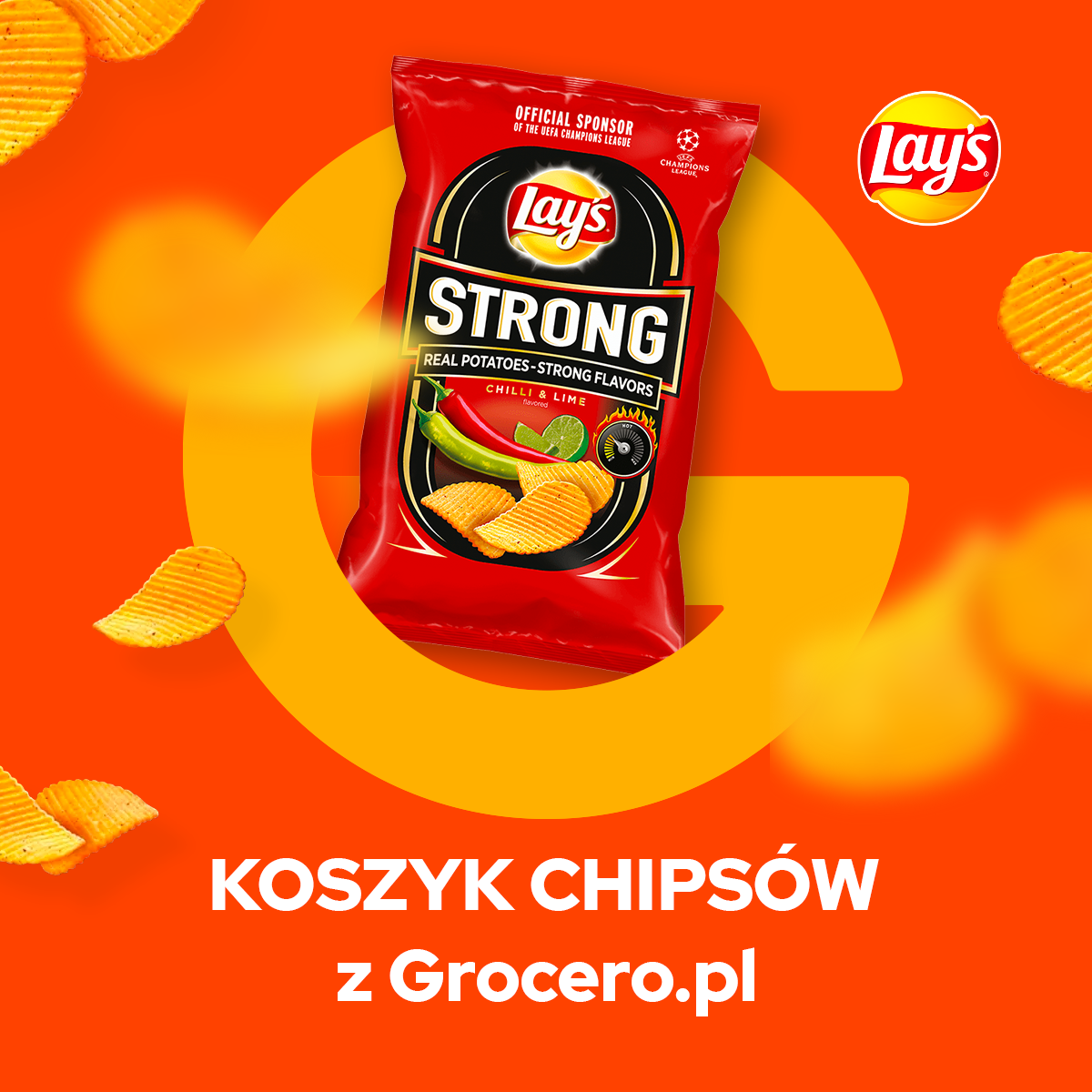 Kreacja do social mediów — koszyk chipsów z Grocero.pl na pomarańczowym tle z sygnetem marki