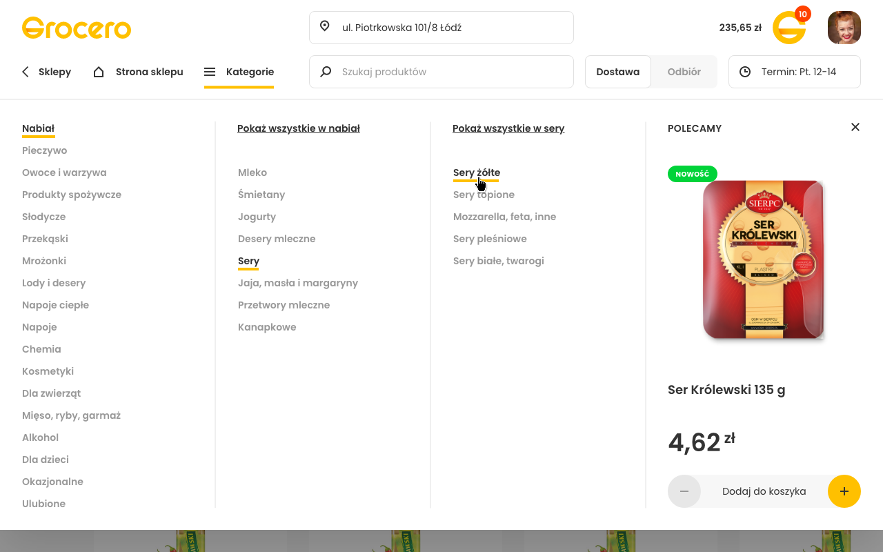 Sklep Grocero — rozwinięte drzewo kategorii nabiału z podkategoriami serów i polecanym produktem