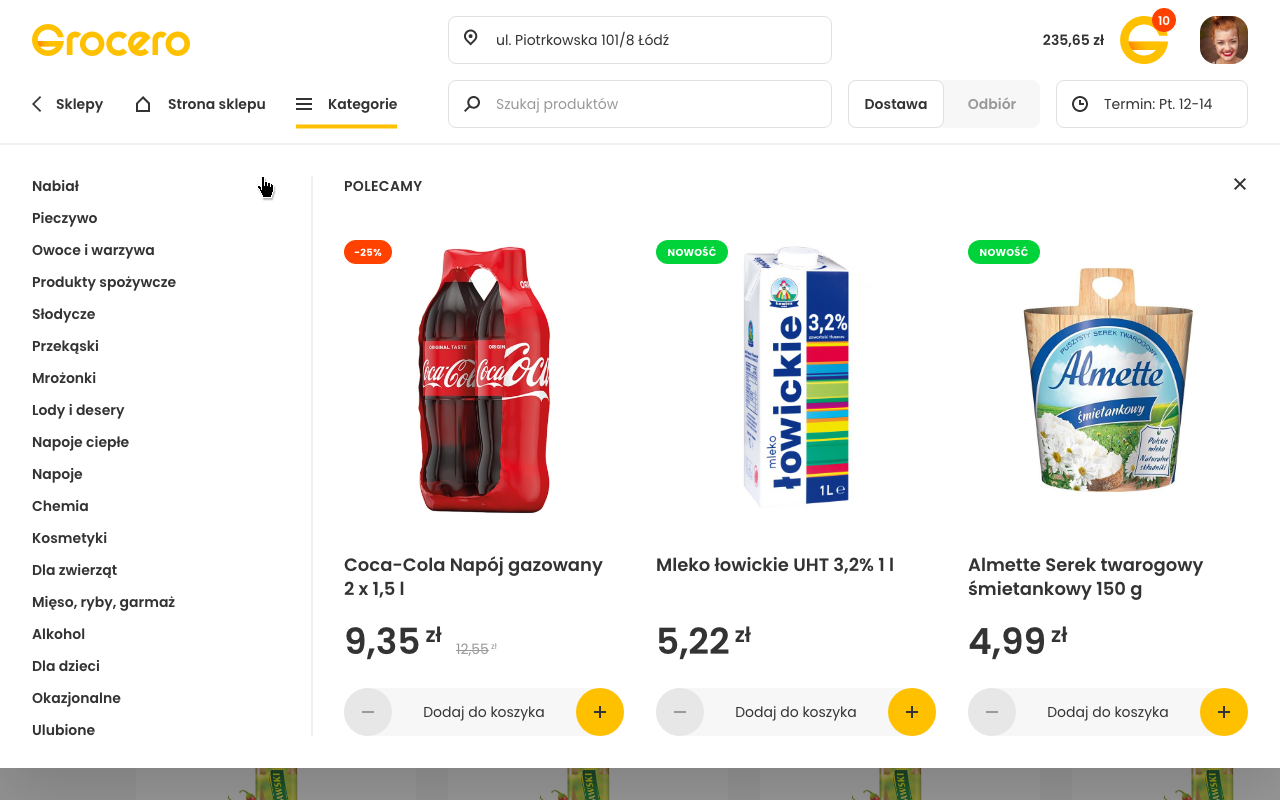 Sklep Grocero — mega-menu kategorii oraz polecane produkty z cenami, promocjami i przyciskiem dodania do koszyka