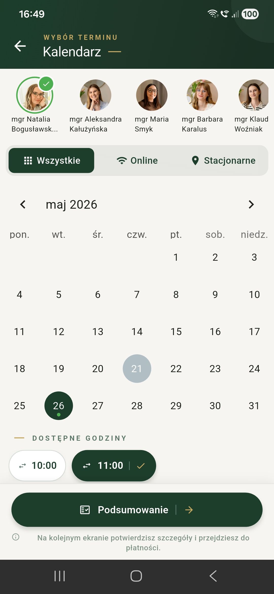 Kalendarz z wyborem dnia i godziny wizyty