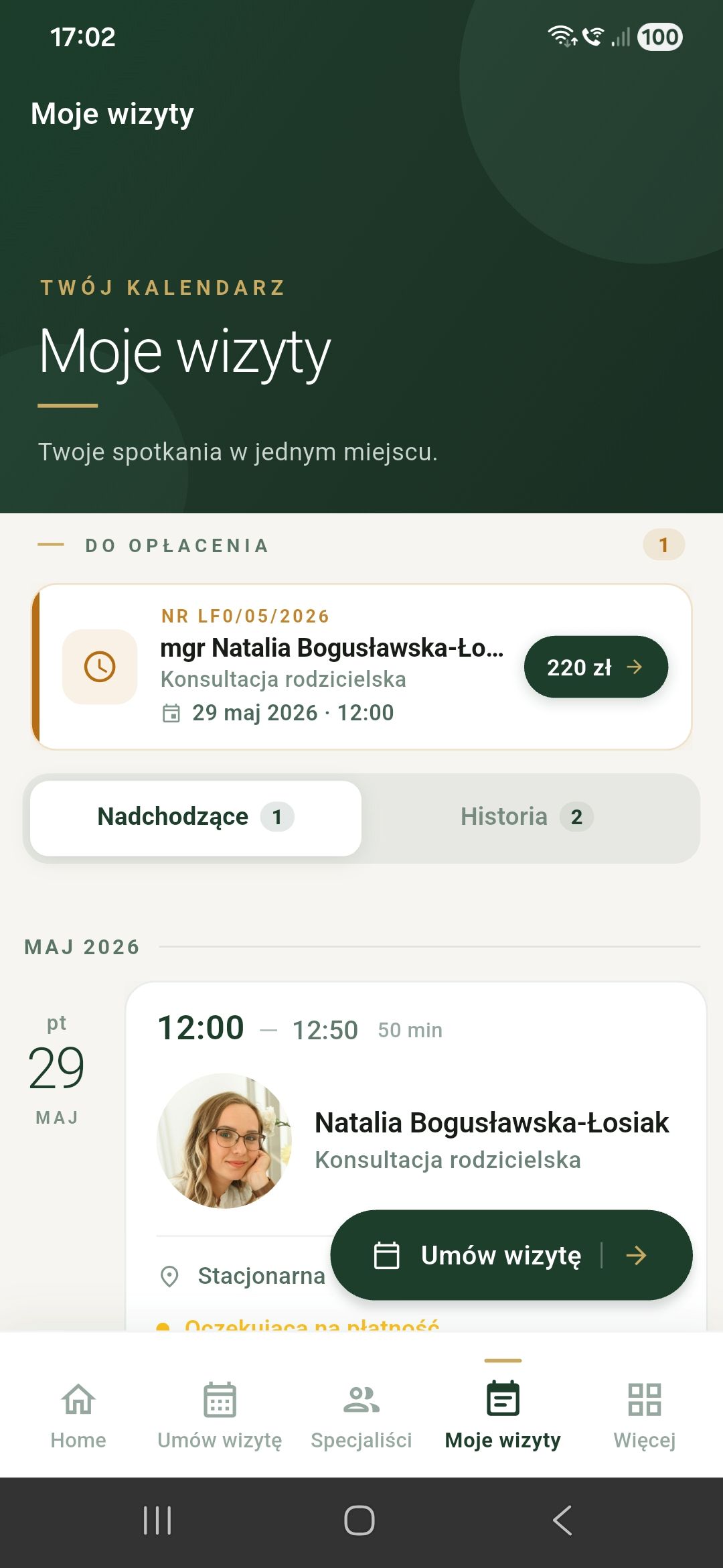 Lista nadchodzących i minionych wizyt pacjenta