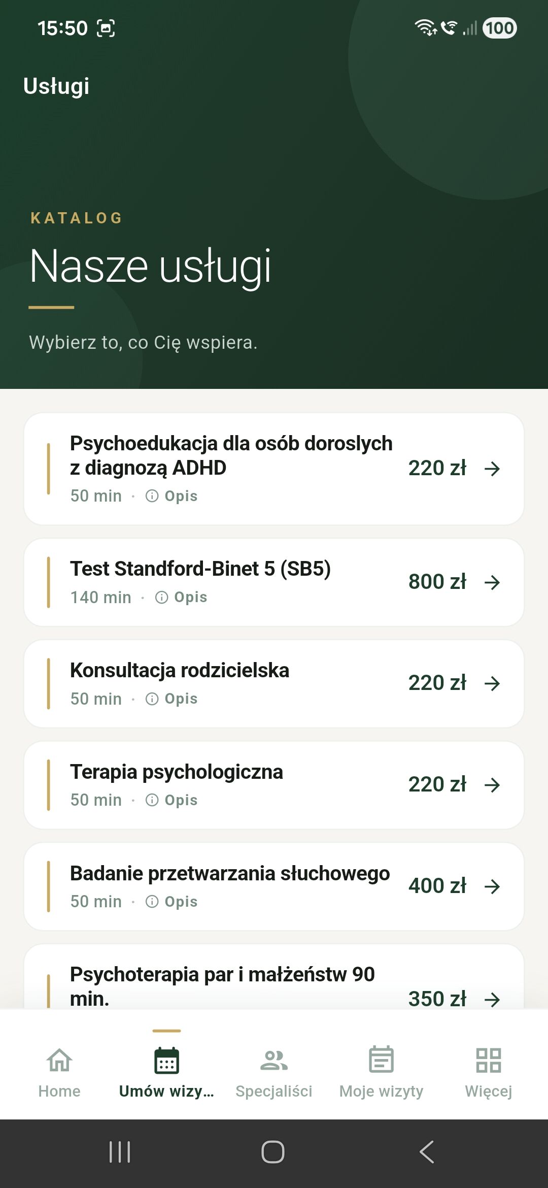 Lista usług kliniki z cenami