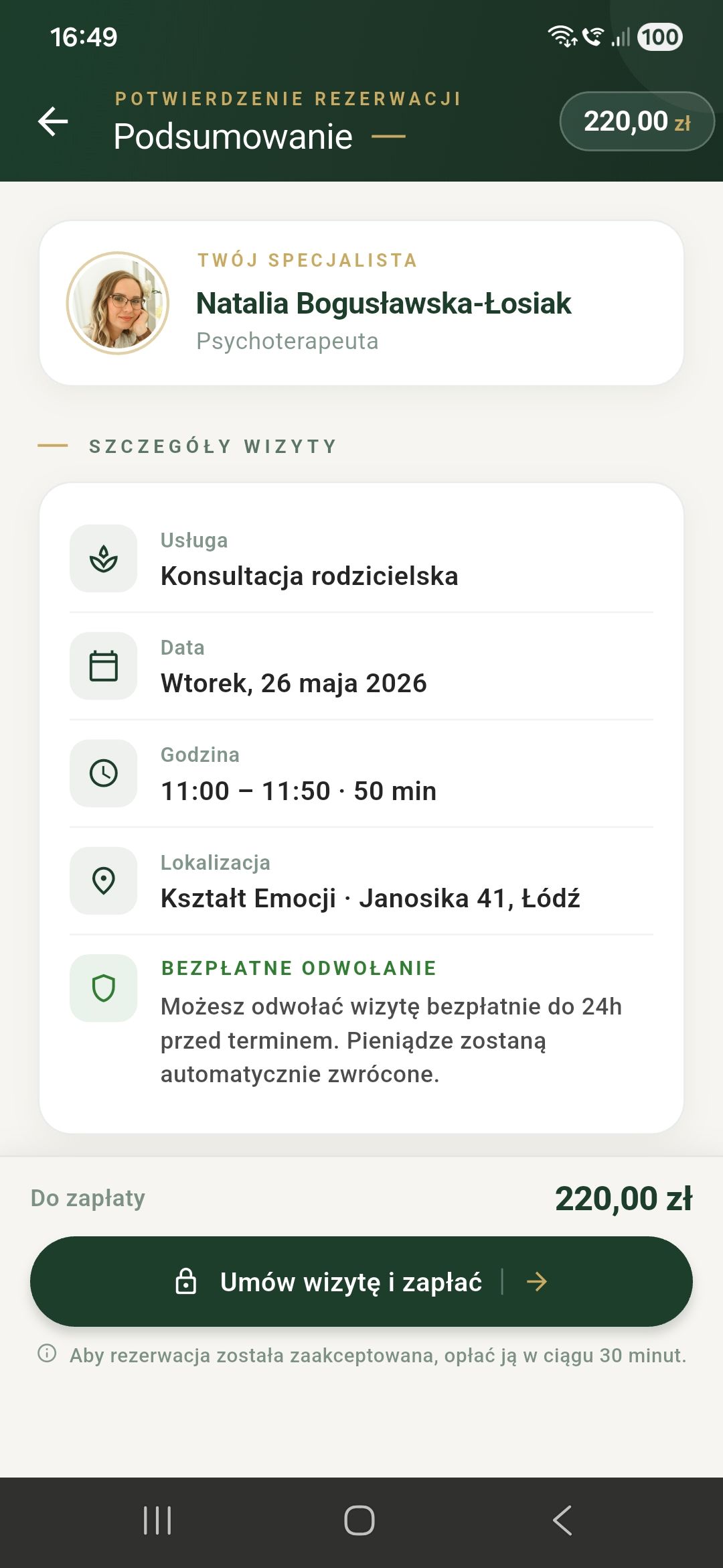 Podsumowanie rezerwacji przed płatnością online