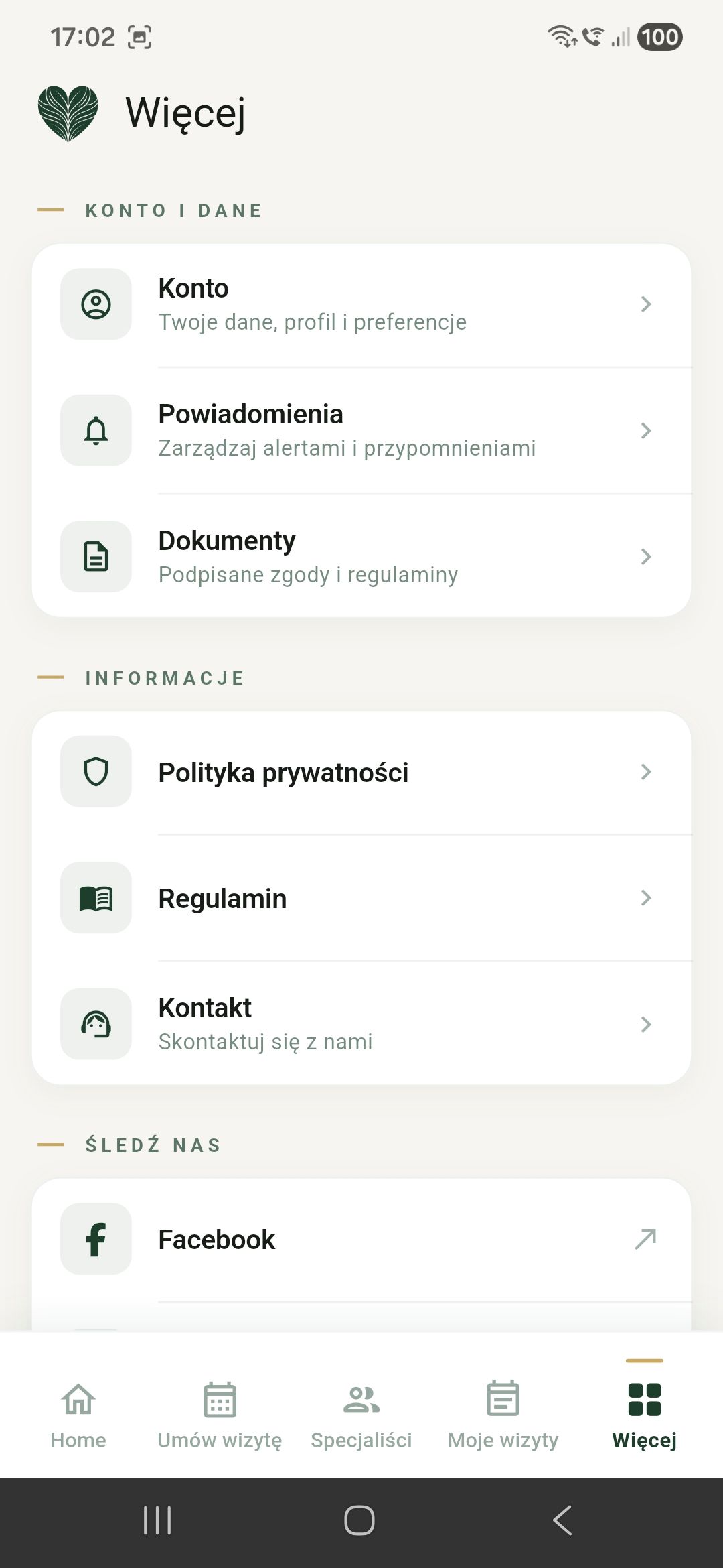 Ekran konta pacjenta z ustawieniami i dokumentami