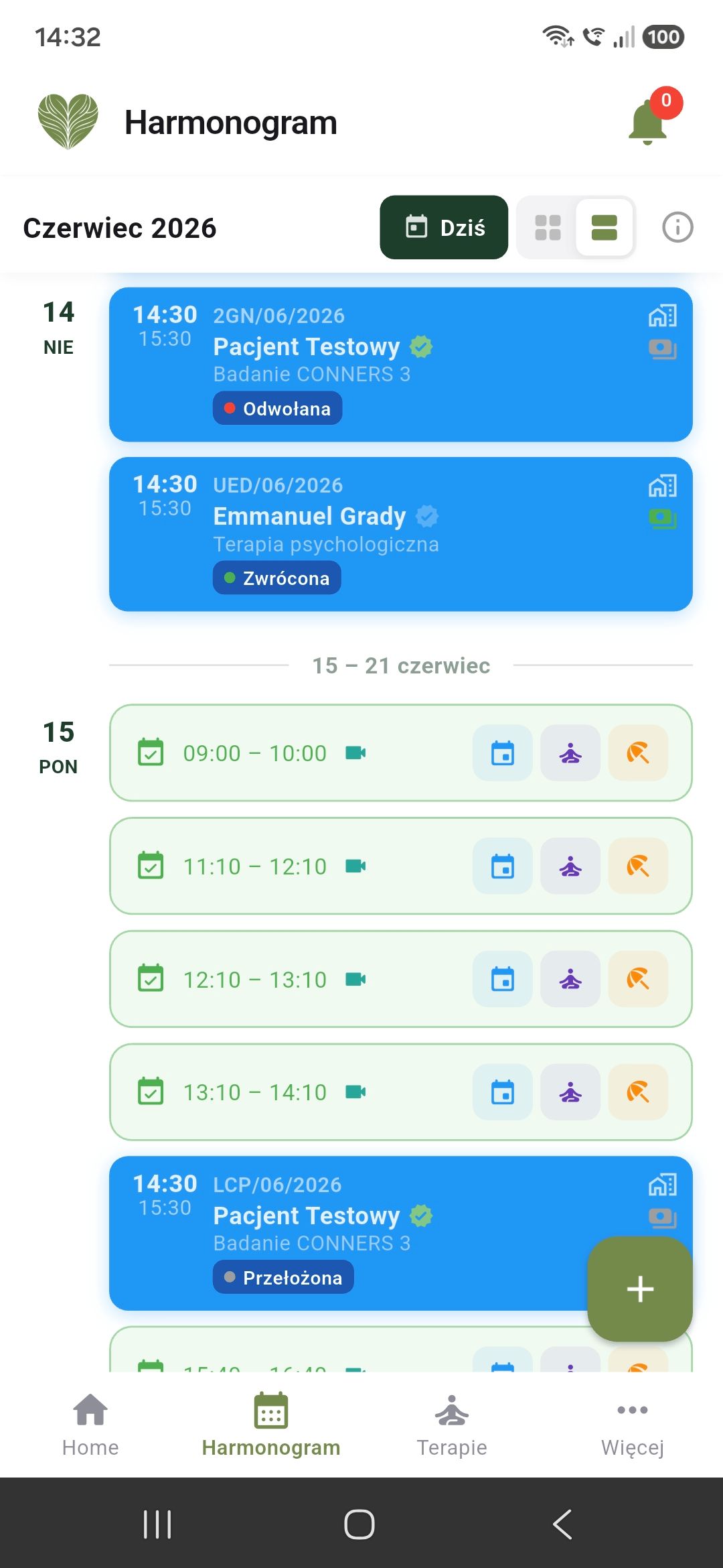 Harmonogram dnia specjalisty z listą wizyt