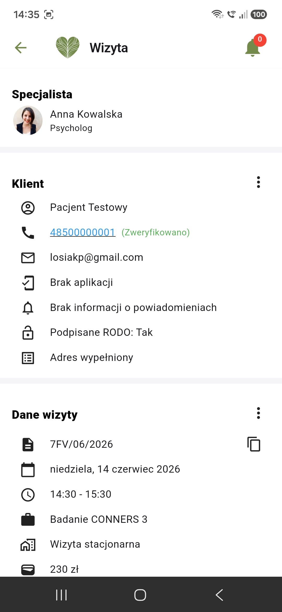 Szczegóły wizyty: pacjent, usługa, płatność i notatki