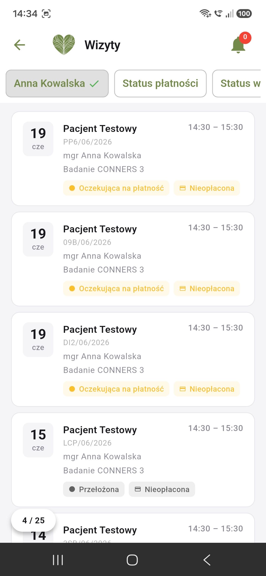 Lista wizyt z statusami płatności i obecności