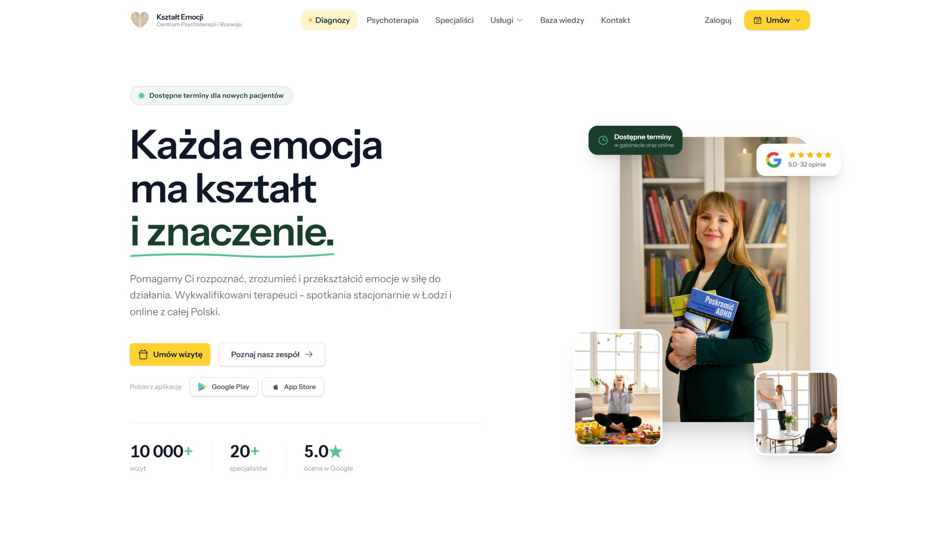 Strona główna ksztaltemocji.pl — hasło kliniki, przycisk umówienia wizyty i liczby: ponad 10 tysięcy wizyt, ponad 20 specjalistów, ocena 5,0 w Google