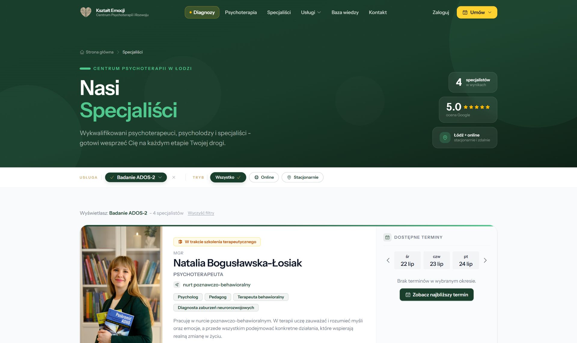 Lista specjalistów z filtrowaniem po usłudze i trybie wizyty oraz najbliższymi wolnymi terminami